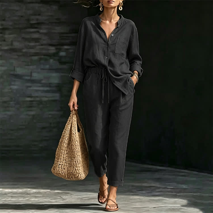 Solid Casual Texture Stand Collar Long-sleeve Shirt & Large Pocket Pants Set - Black - 5XL - image 8