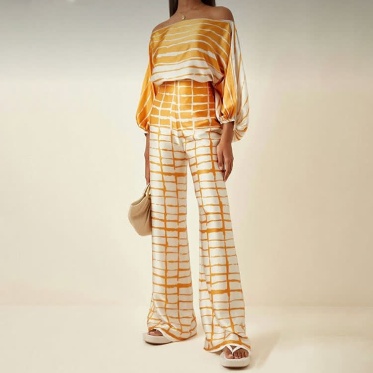 Fashion Tie-dye Stripe Gradient Cold Shoulder Batwing Sleeves Tops & Wide Leg Pants Set - Yellow - 3XL - image 9
