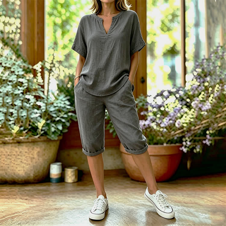 Solid Color Short Sleeve Casual Blouse & Pocket Mid Short Set - Dark Grey - 4XL - image 5