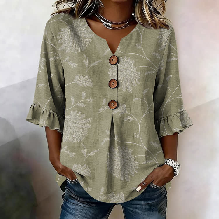 Intertwining Foliage Texture Pattern Print Button V-Neck Blouse With Ruffle Sleeves - Light Green - US32-34(5XL) - image 4