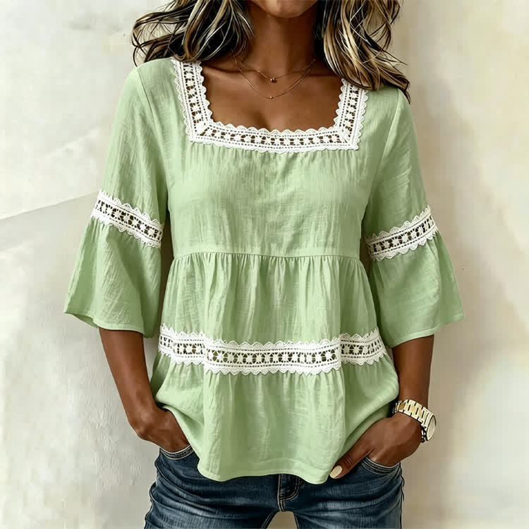 Elegant Solid Lace Splicing Square neck Half-sleeve A-line Blouse - Mint - 4XL - image 3