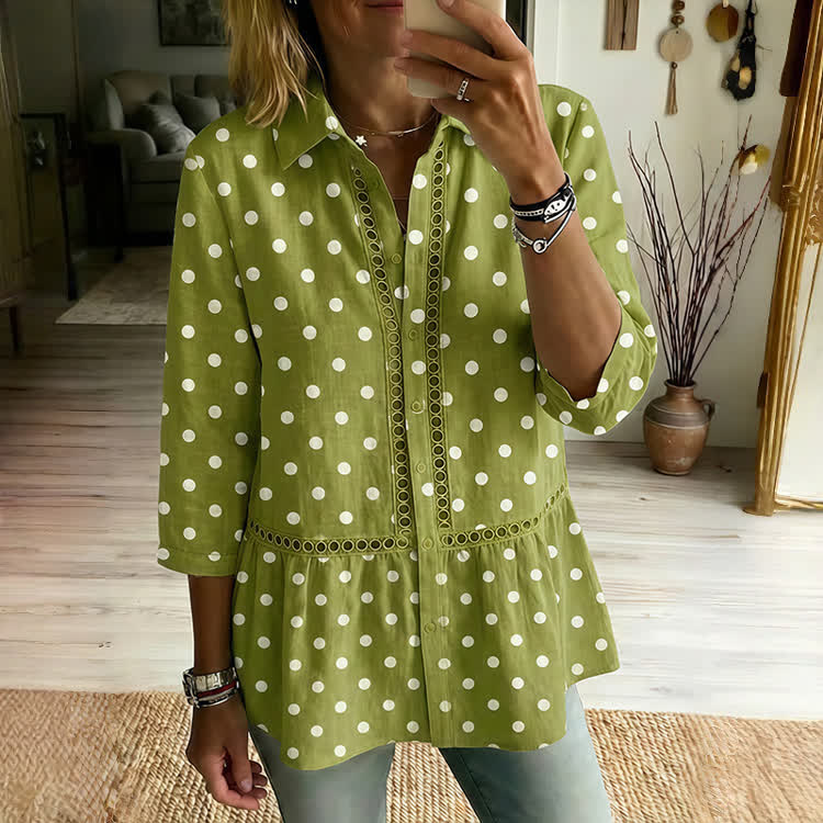 Casual Polka Dot Openwork Lace Linen Blend 3/4 Sleeve Blouse - Green - 4XL - image 3