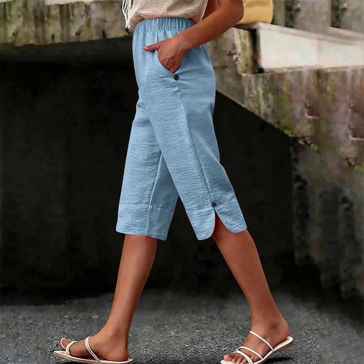 Elegant Solid Cozy Button-slit Hem Casual Pocket Capri Mid Pants  - Light Blue - 3XL - image 4