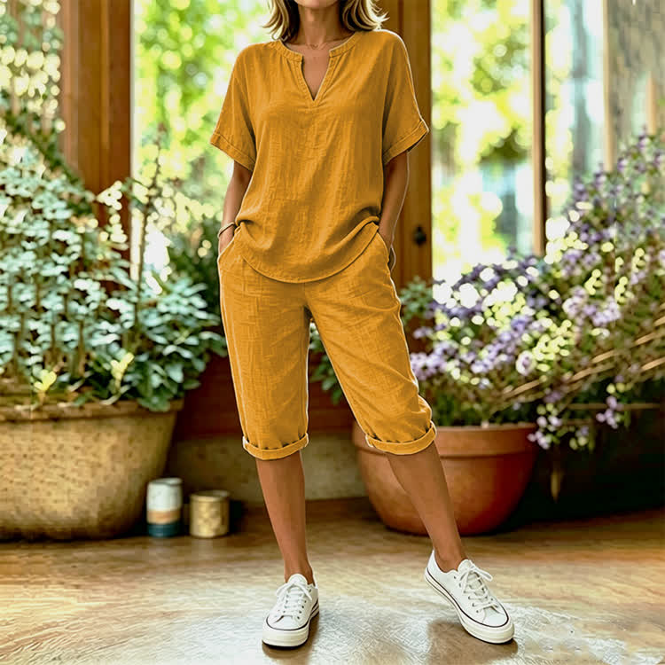 Solid Color Short Sleeve Casual Blouse & Pocket Mid Short Set - Yellow - 4XL - image 12