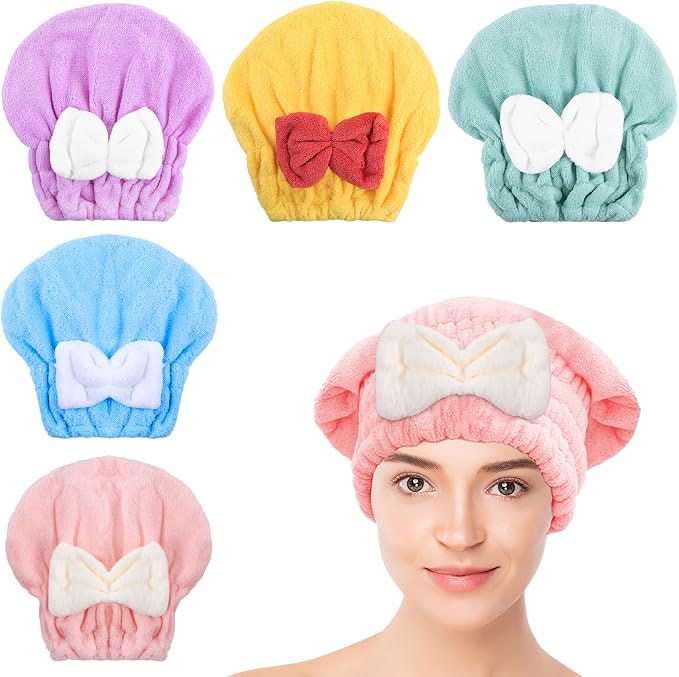 Super Absorbent Hair Towel Wrap for Wet Hair,Microfiber Hair Drying with Caps Bow Design - image 5