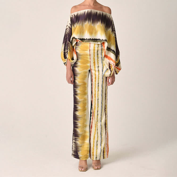 Fashion Tie-dye Stripe Gradient Cold Shoulder Batwing Sleeves Tops & Wide Leg Pants Set - Multicolor - 3XL - image 10