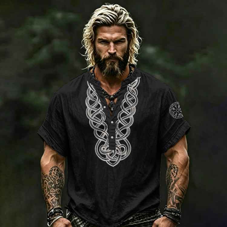Vintage Viking Knot Print Short Sleeve Half-placket Shirt - Black - 5XL - image 5