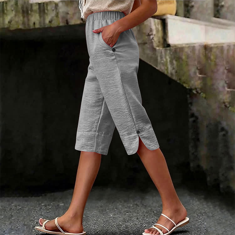 Elegant Solid Cozy Button-slit Hem Casual Pocket Capri Mid Pants  - Grey - 3XL - image 5