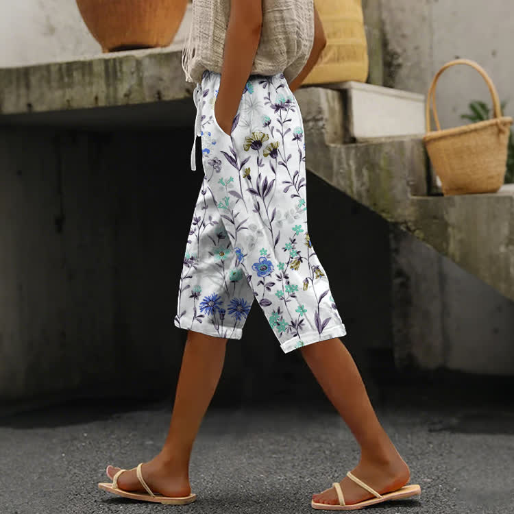  Pastoral Watercolor Flowers And Plants Pattern Print Casual Pocket Mid Short Pants  - Blue - US 24 (4XL) - image 6