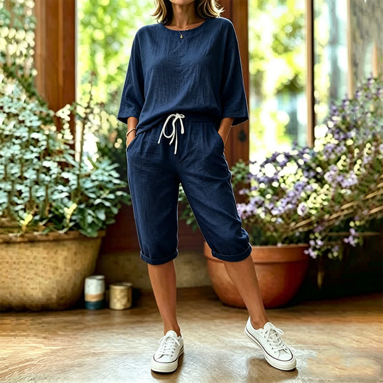 Elegant Solid Print 3/4 Sleeve Casual Blouse & Pocket Mid Short Set - Navy Blue - 4XL - image 9