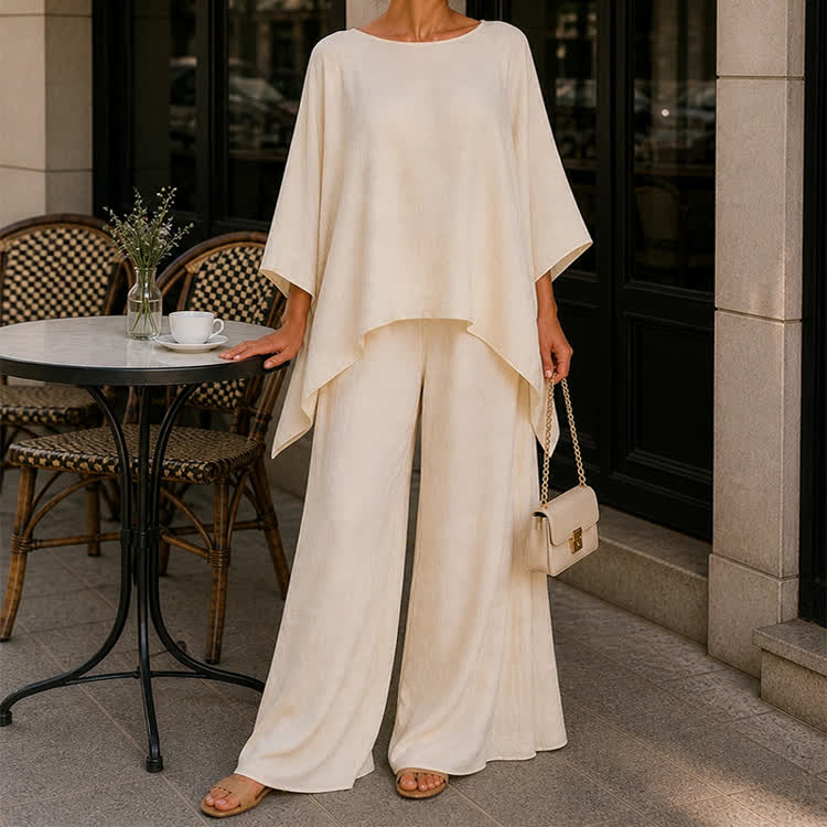 Solid Casual Texture 3/4 Batwing Sleeve Shirt & Wide-leg Pants Set - image 3