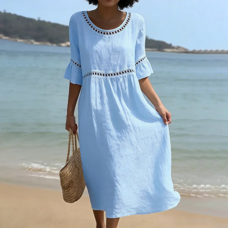 Elegant Solid Openwork Lace Round Neck Ruffles Half Sleeve Midi Dress - Light Blue - 3XL - image 4