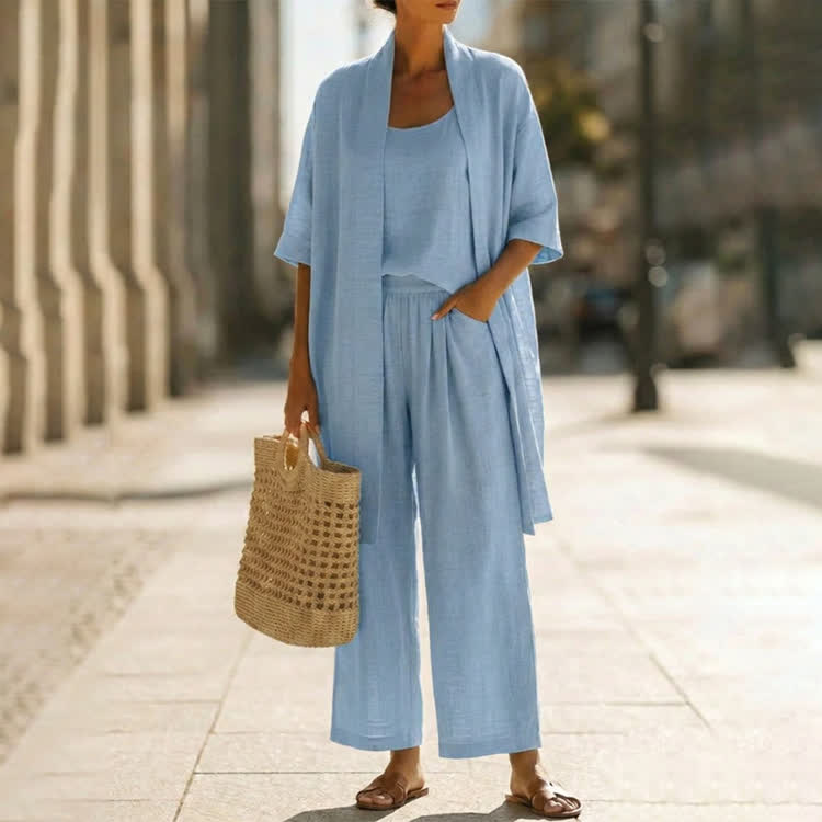 Cozy Solid Texture Top& Pants & Kimono Cardigan 3-piece Set - Sky Blue - 2XL - image 6