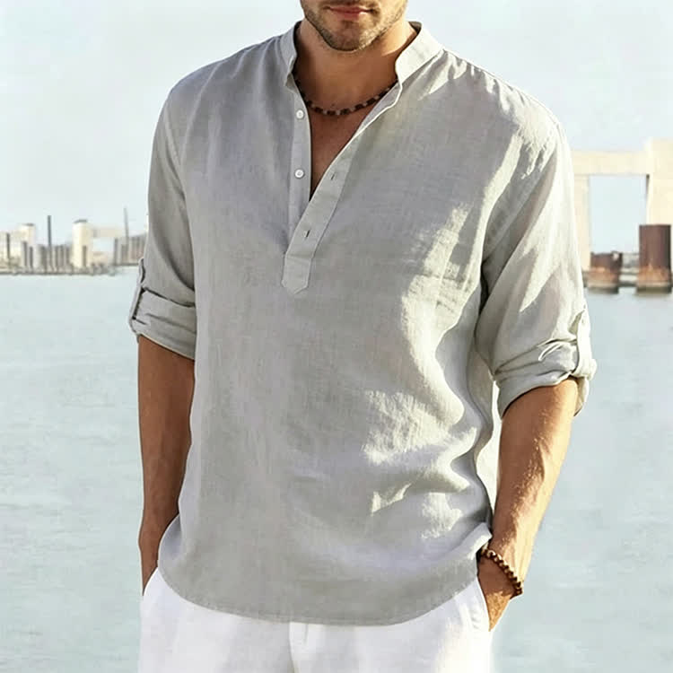 Men's Casual Cotton Linen Solid Color Henley Neck Long Sleeve Shirt - Grey - 5XL - image 11
