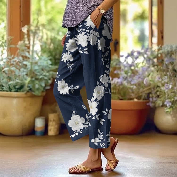 Vintage Floral Branch Pattern Print Casual Pocket Pants  - Navy Blue - US 20 (5XL) - image 5