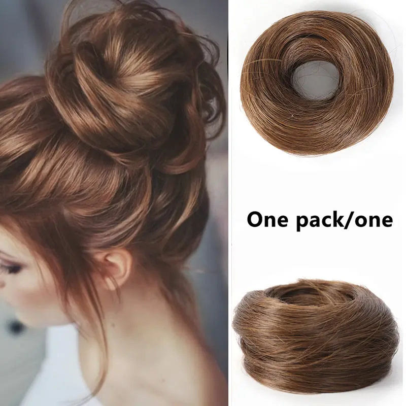 Synthetic Messy Bun Hair Piece forWomen Curly Updo Scrunchie Extension for Instant Volume and a High Crown - Medium Brown Mixed Strawberry Blonde - 3PCS - image 11