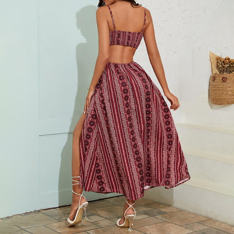 Boho Ethnic Stripes Print Waist Cutout Double Slits Maxi  Strappy Dress - image 10
