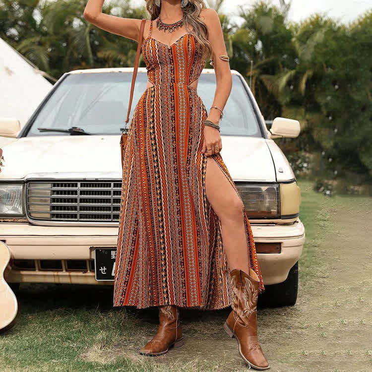 Boho Ethnic Stripes Print Waist Cutout Double Slits Maxi  Strappy Dress - image 6