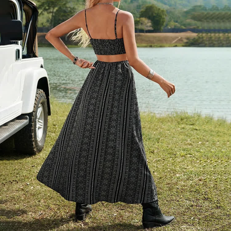 Boho Ethnic Stripes Print Waist Cutout Double Slits Maxi  Strappy Dress - image 5