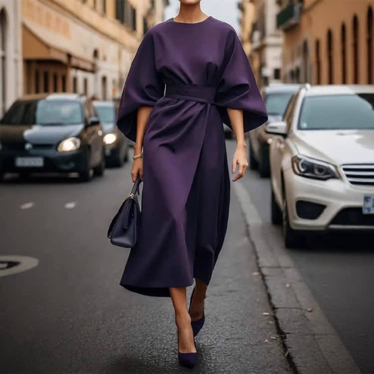 Elegant Solid Demeanor Batwing Sleeves Round-sleeve Dress - Purple - 3XL - image 9