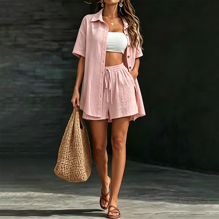 Solid Casual Texture Short-sleeve Shirt & Large Pocket Shorts Set - Light Pink - 2XL - image 12