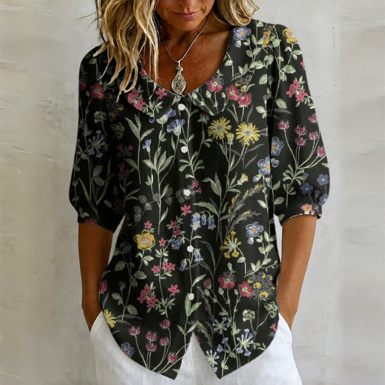 Pastoral Watercolor Flowers And Plants Print Button-up Half-sleeve Peter Pan Collar Blouse - Black - US32-34(5XL) - image 6