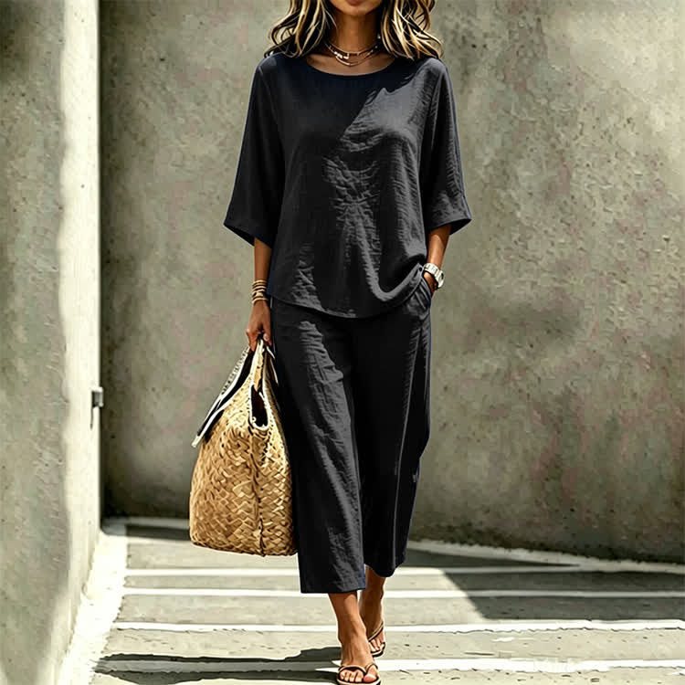 Elegant Solid Print 3/4 Sleeve Casual Blouse & Casual Pocket Pants Set - Black - 4XL - image 7