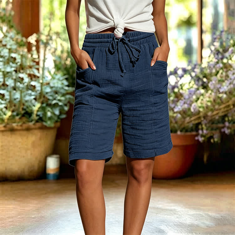 Elegant Solid Cozy Texture Casual Pocket Capri Mid Pants  - Dark Blue - 2XL - image 7