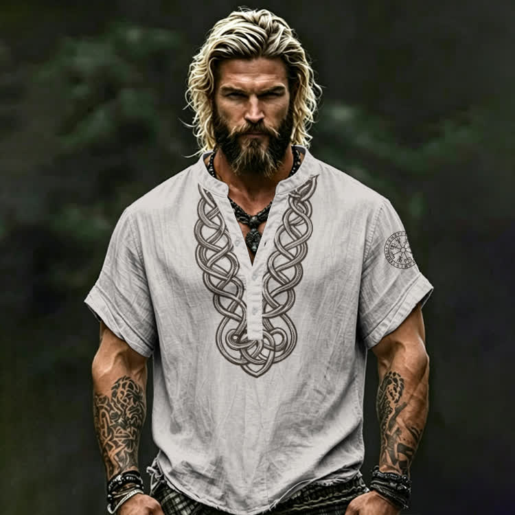 Vintage Viking Knot Print Short Sleeve Half-placket Shirt - White - 5XL - image 3