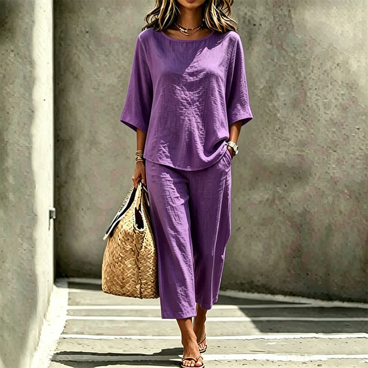 Elegant Solid Print 3/4 Sleeve Casual Blouse & Casual Pocket Pants Set - Purple - 4XL - image 6