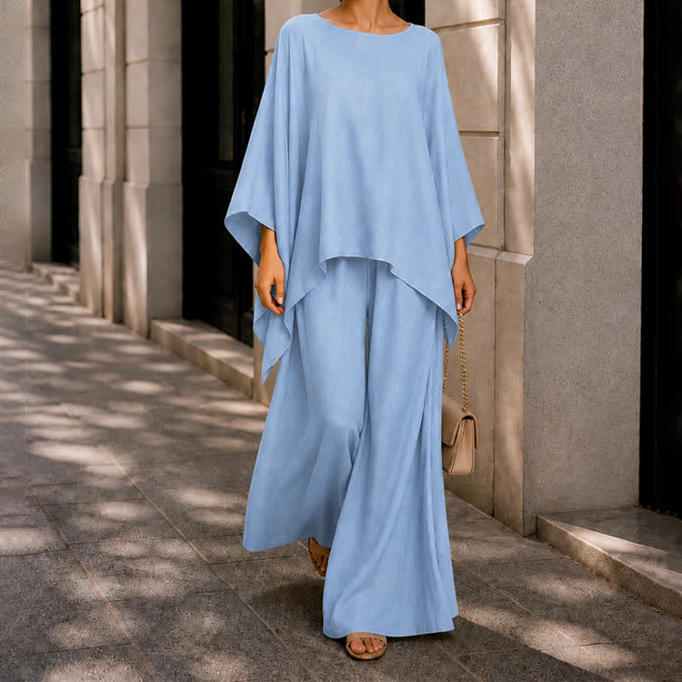 Solid Casual Texture 3/4 Batwing Sleeve Shirt & Wide-leg Pants Set - image 9