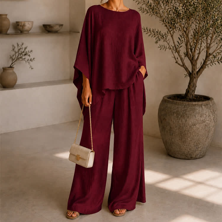 Solid Casual Texture 3/4 Batwing Sleeve Shirt & Wide-leg Pants Set - image 7