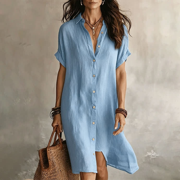 Solid Texture Lapel Short-sleevebutton-front Shirt Midi Dress - Light Blue - 2XL - image 8