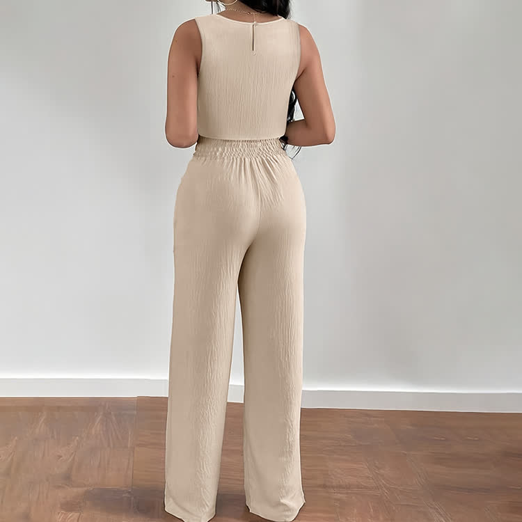 Elegant Solid Burnout Cutwork Round-neck Sleeveless Top & Lacing Pants Set - image 4