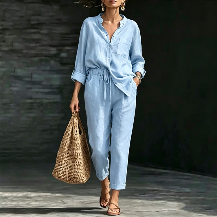 Solid Casual Texture Stand Collar Long-sleeve Shirt & Large Pocket Pants Set - Light Blue - 5XL - image 9