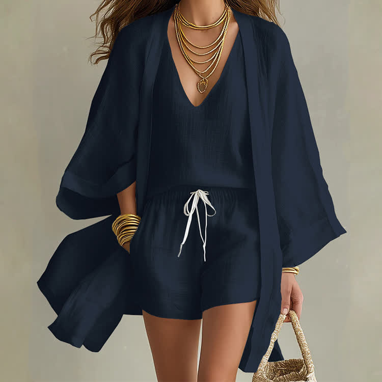 Cozy Solid Texture V-neck Vest & Short & Kimono Cardigan 3-piece Set - Navy Blue - 3XL - image 6