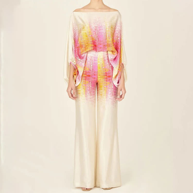 Fashion Tie-dye Stripe Gradient Cold Shoulder Batwing Sleeves Tops & Wide Leg Pants Set - Pink - 3XL - image 3