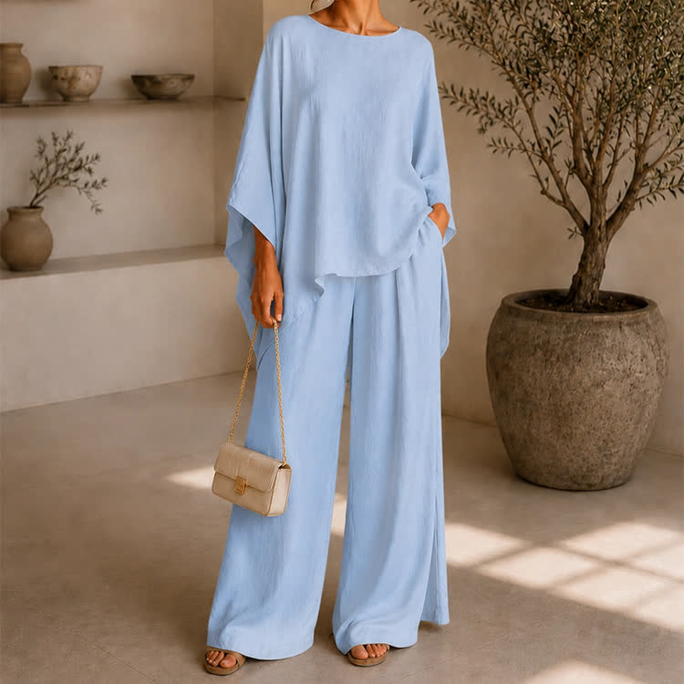 Solid Casual Texture 3/4 Batwing Sleeve Shirt & Wide-leg Pants Set - image 6