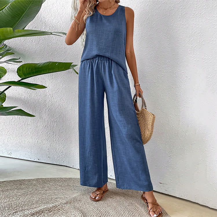 Boho Solid Woven Lace Round-neck Sleeveless Top & Pants Set - image 8