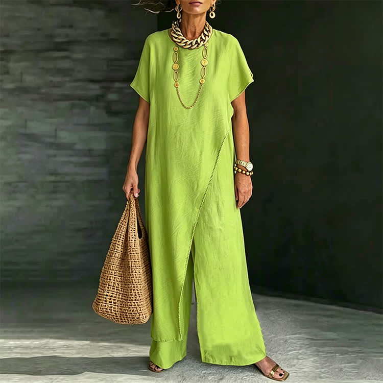 Elegant Solid Round-neck Short Wide-sleeve Blouse & Wide-legs Pants - image 5
