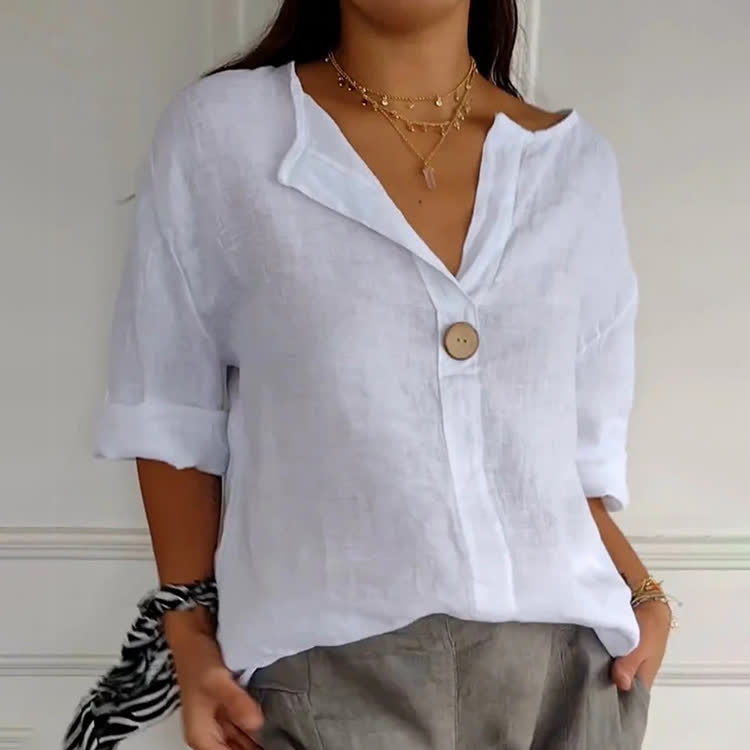 Elegant Solid Button V-neck 3/4-sleeve Blouse - White - 5XL - image 4