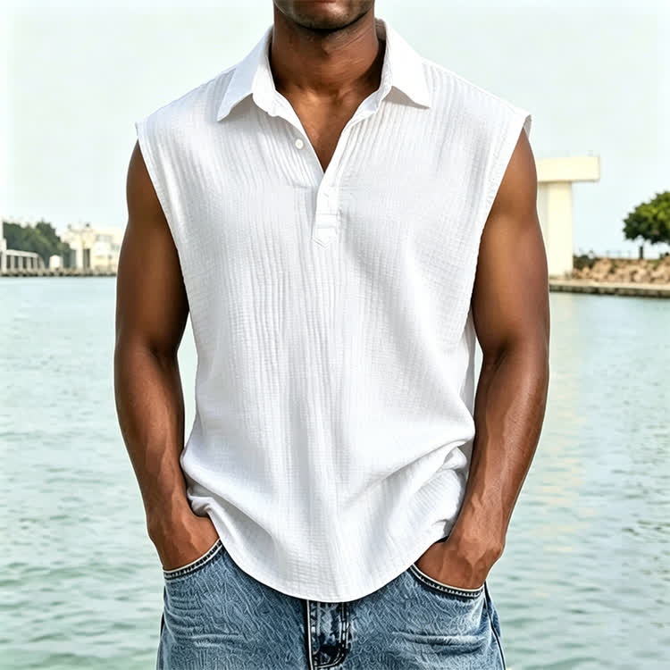 Cozy Solid Texture Sleeveless Button Polo Shirt - White - 4XL - image 3