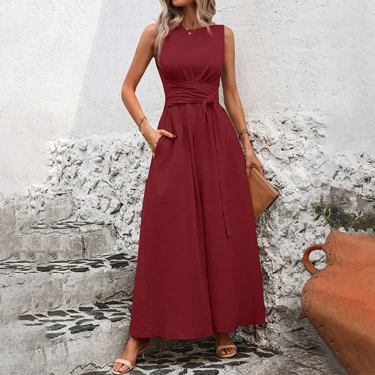 Elegant Solid Waist Tie Sleeveless Round-sleeve Maxi Dress - Red - 2XL - image 10