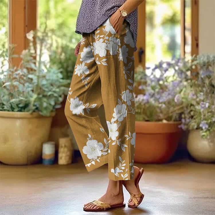 Vintage Floral Branch Pattern Print Casual Pocket Pants  - Yellow - US 20 (5XL) - image 6