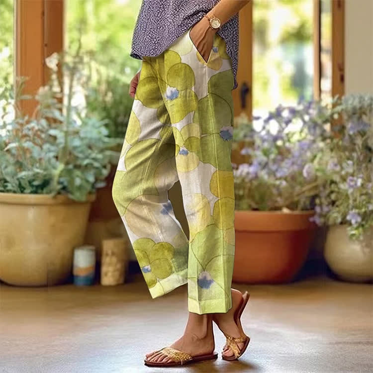 Simple Watercolor Large Flowers Pattern Print Casual Pocket Pants  - Olive Green - US 20 (5XL) - image 4