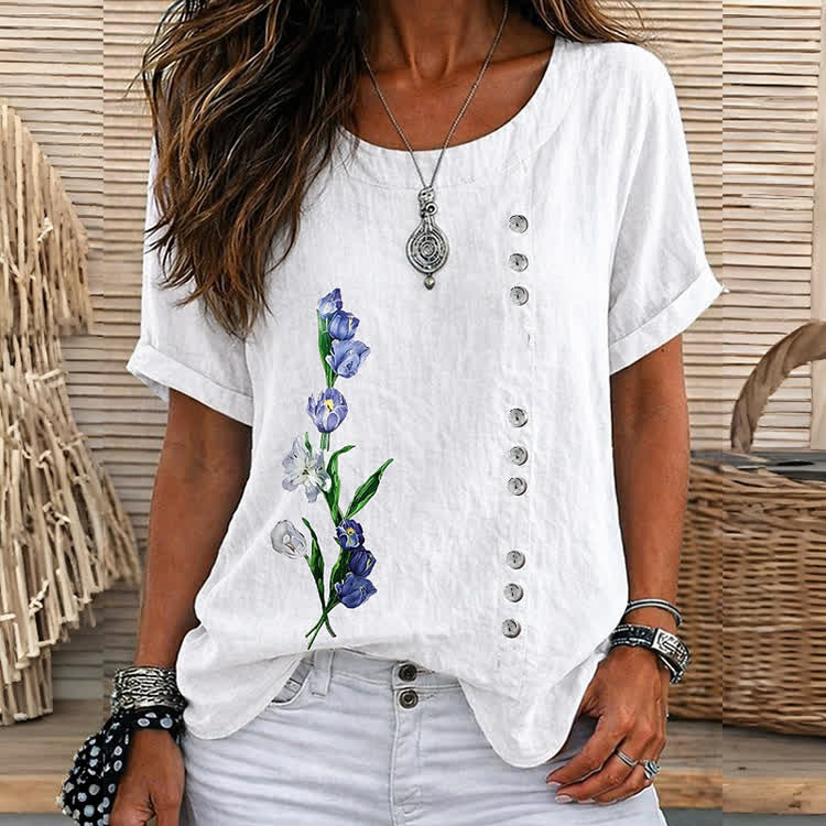 Casual Tulip Art Print Short Sleeve Blouse - White - 5XL - image 7
