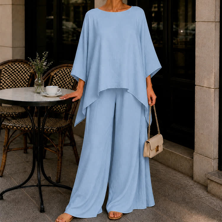 Solid Casual Texture 3/4 Batwing Sleeve Shirt & Wide-leg Pants Set - image 4
