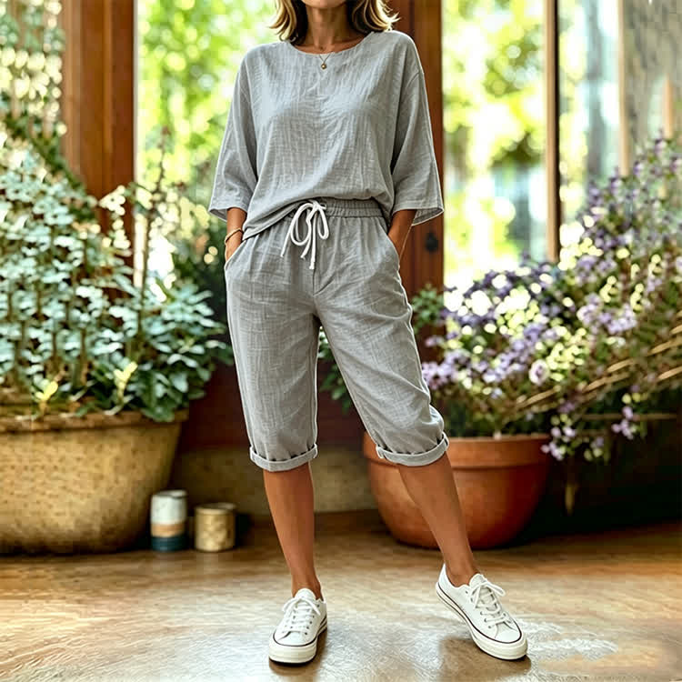 Elegant Solid Print 3/4 Sleeve Casual Blouse & Pocket Mid Short Set - Grey - 4XL - image 7