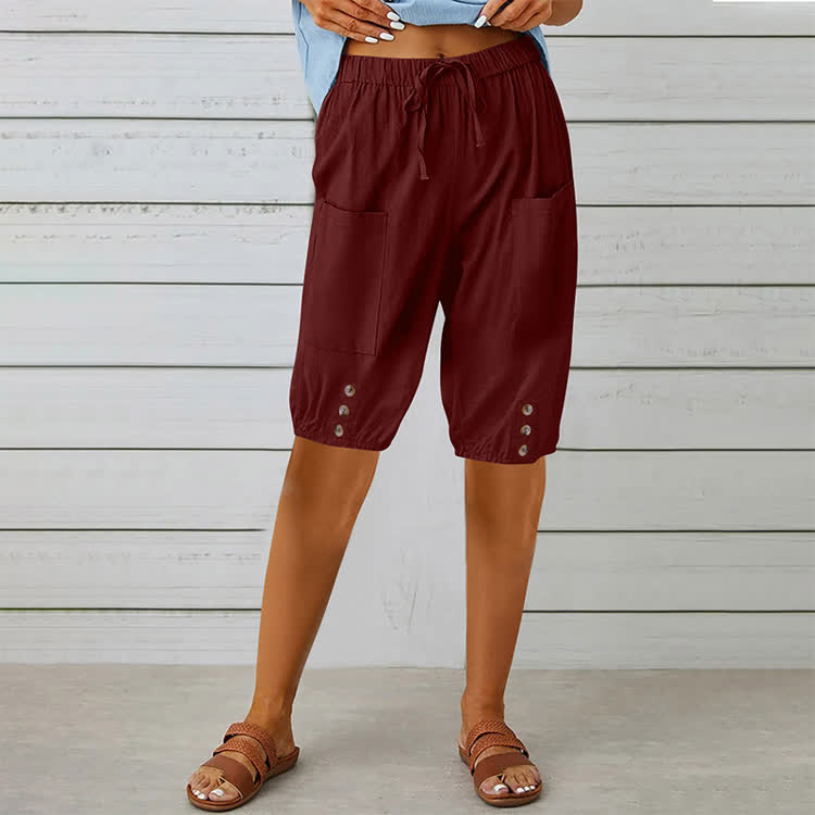 Elegant Solid Cozy Button-tab Hem Casual Pocket Capri Mid Pants  - Wine - 3XL - image 4