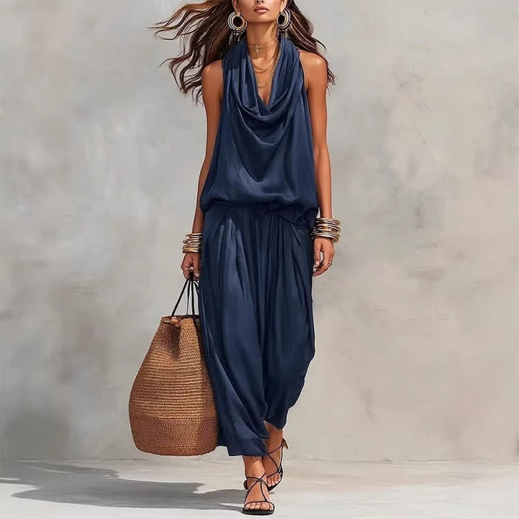 Elegant Draped Halter Neck Sleeveless Vest Top & Bloomers Pants Set - Navy Blue - 3XL - image 4